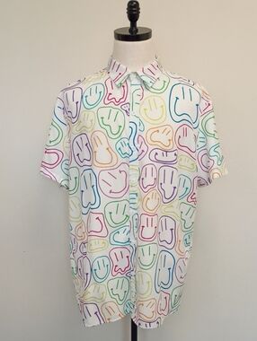 ROMWE Smiley Face Print Button Up Shirt White Short Sleeve Men's XXL